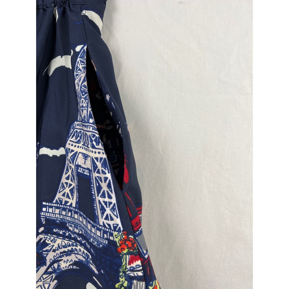Her Destiny Midi Skirt Women Size Medium Navy Blue Paris Cityscape A-Line Pocket - Picture 6 of 10